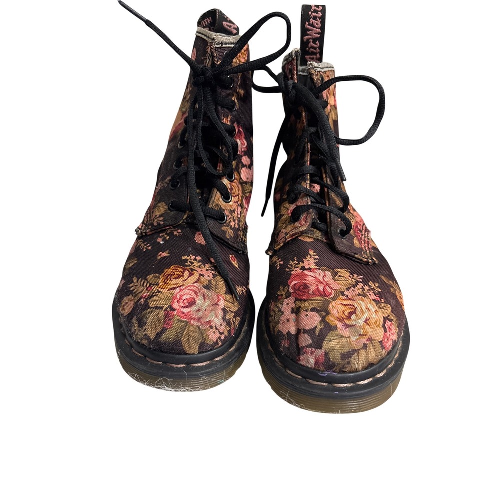 Dr. Martens 1460 Floral Canvas Lace Up Boots Burgundy Pink Women 8 Eye Combat - Picture 1 of 12